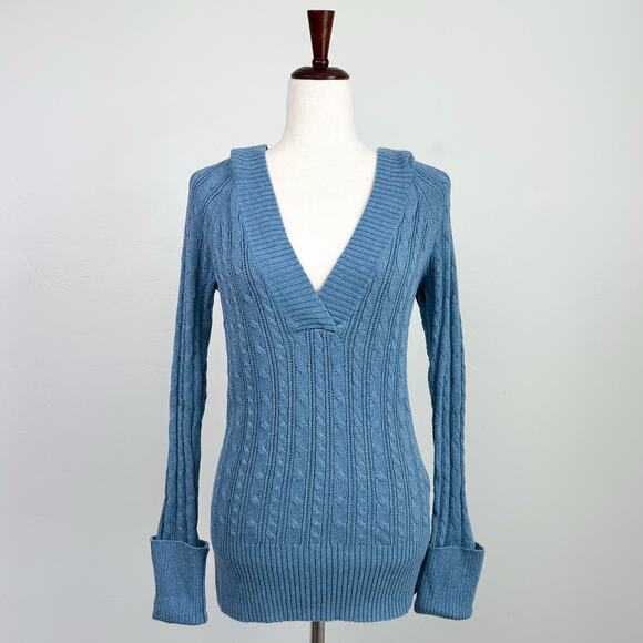 Y2K American Eagle Cable Knit Hoodie V-Neck Sweater - Picture 1 of 10